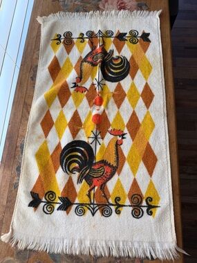 Vintage MCM Terrycloth Harlequin Rooster Print Fringe Towel